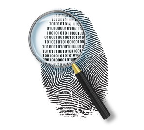 Magnifying glass over finger printlike shape made of binary code