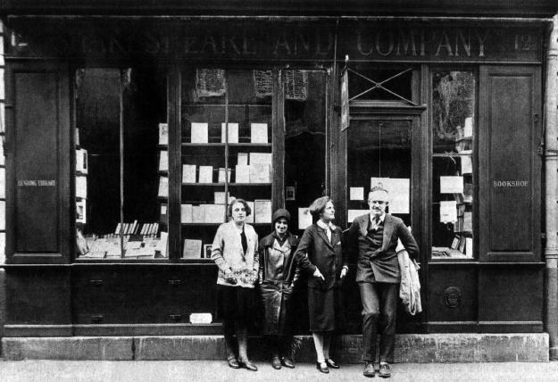 Ernest Hemingway and Sylvia Beach infront of the 'Shakespeare and Company' bookshop, Paris, 1928 (b/w photo)