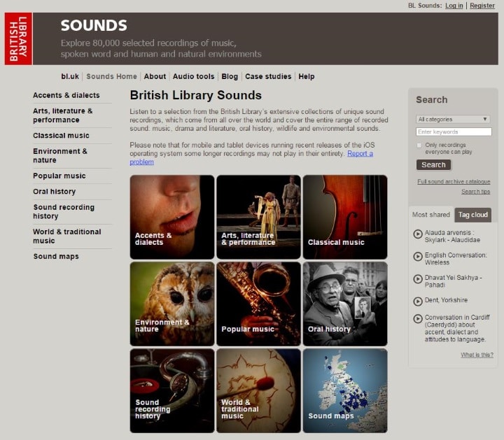 Sound página de sonidos de la Biblioteca Británica. Más de 90.000 grabaciones gratis Universo