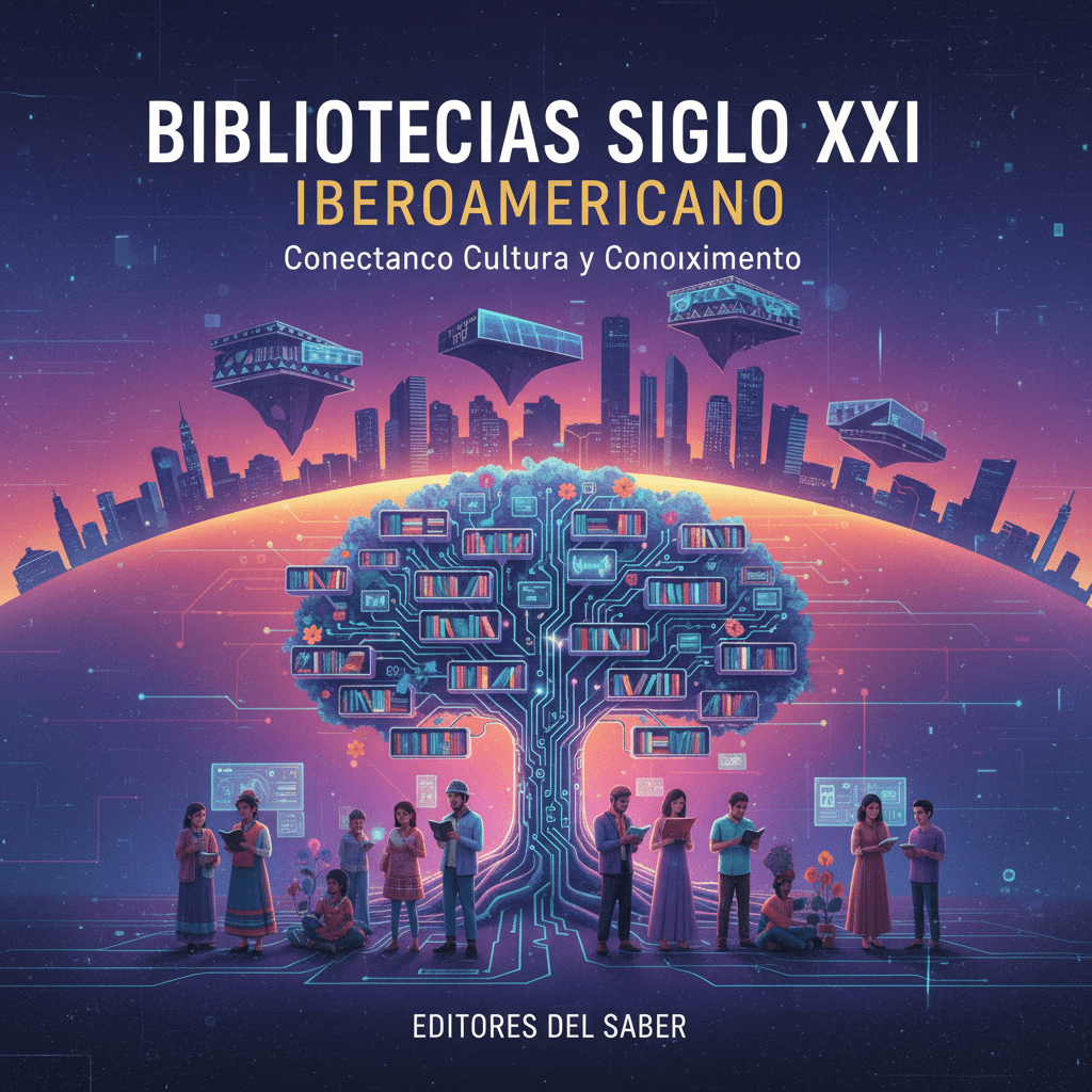 BIBLIOTECIAS SIGLO XXI IBEROAMERICANO Conectanco Cultura y Conoiximento EDITORES DEL SABER. Digital tree with bookshelves.