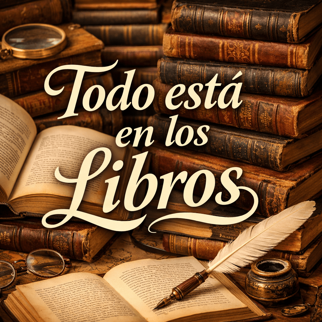 Stack of vintage books with open pages, a feather quill, glasses, and ink pot, text reading 'Todo está en los libros'
