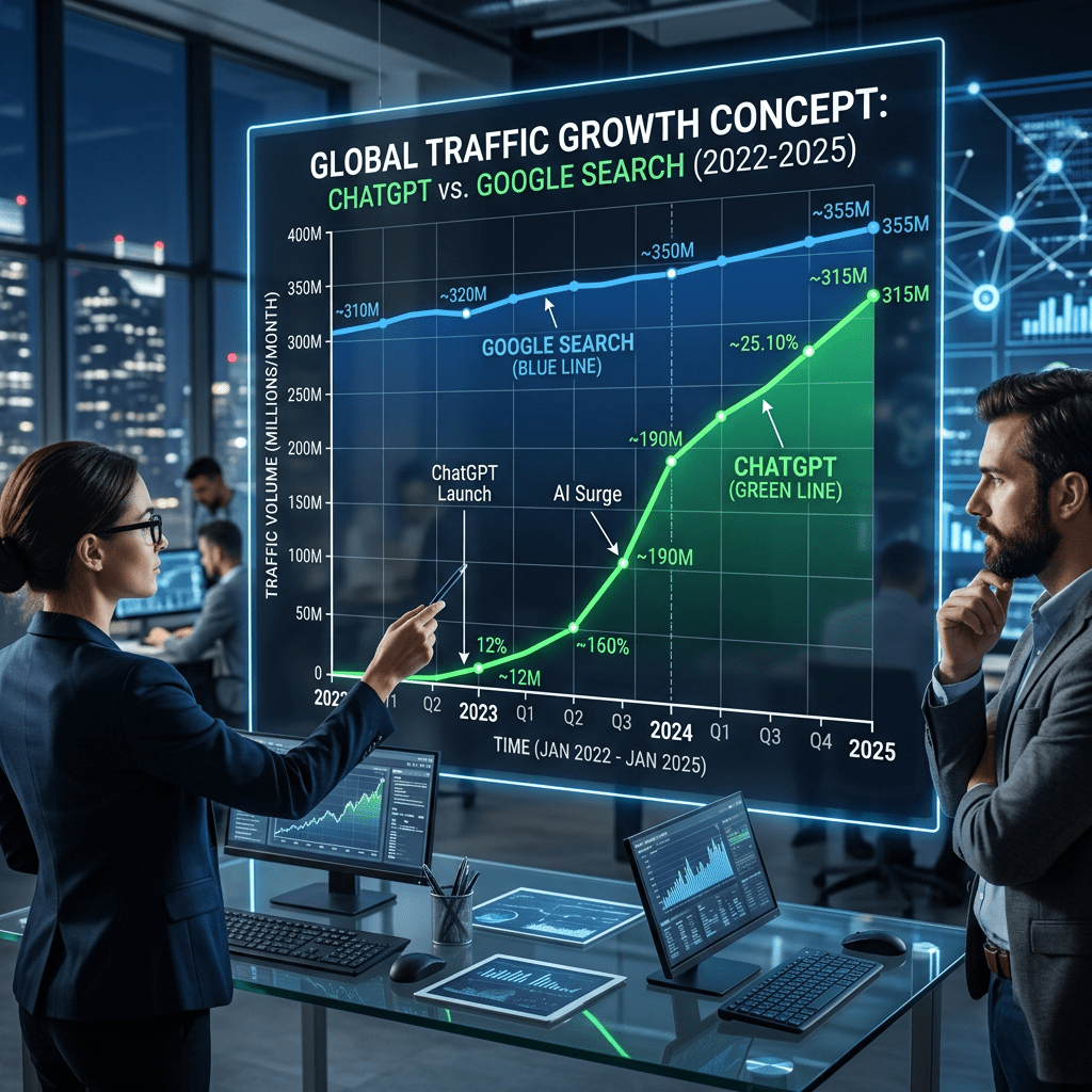Graph comparing monthly traffic growth of ChatGPT (green line) and Google Search (blue line) from 2022 to 2025