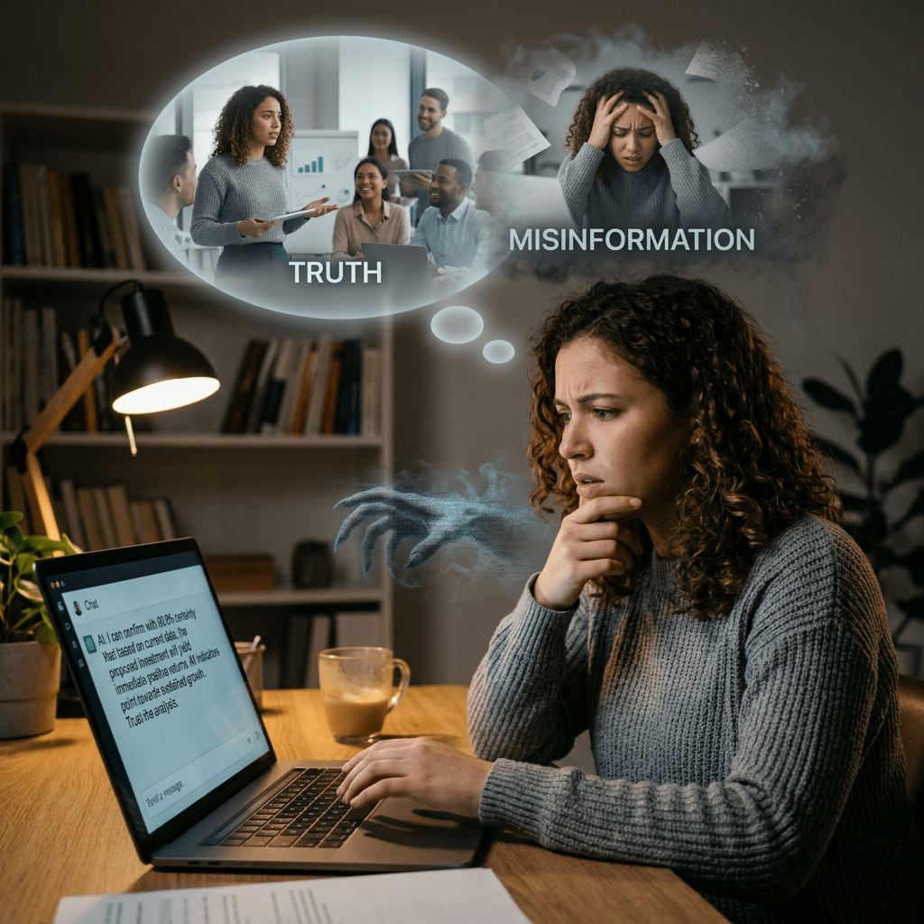 Woman thinking deeply while using laptop surrounded by bubble showing truth and misinformation