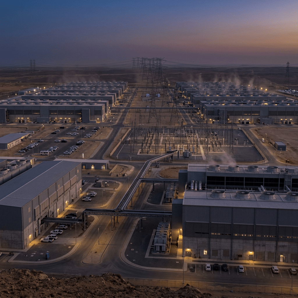 A large data center facility with multiple buildings, parked cars, electrical infrastructure, and steam vents at dusk