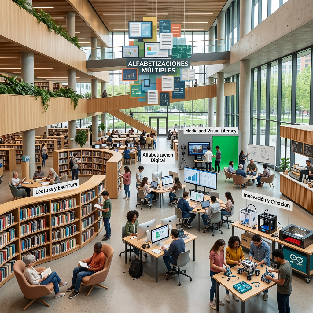 Library interior with reading, digital literacy, media literacy, and innovation areas