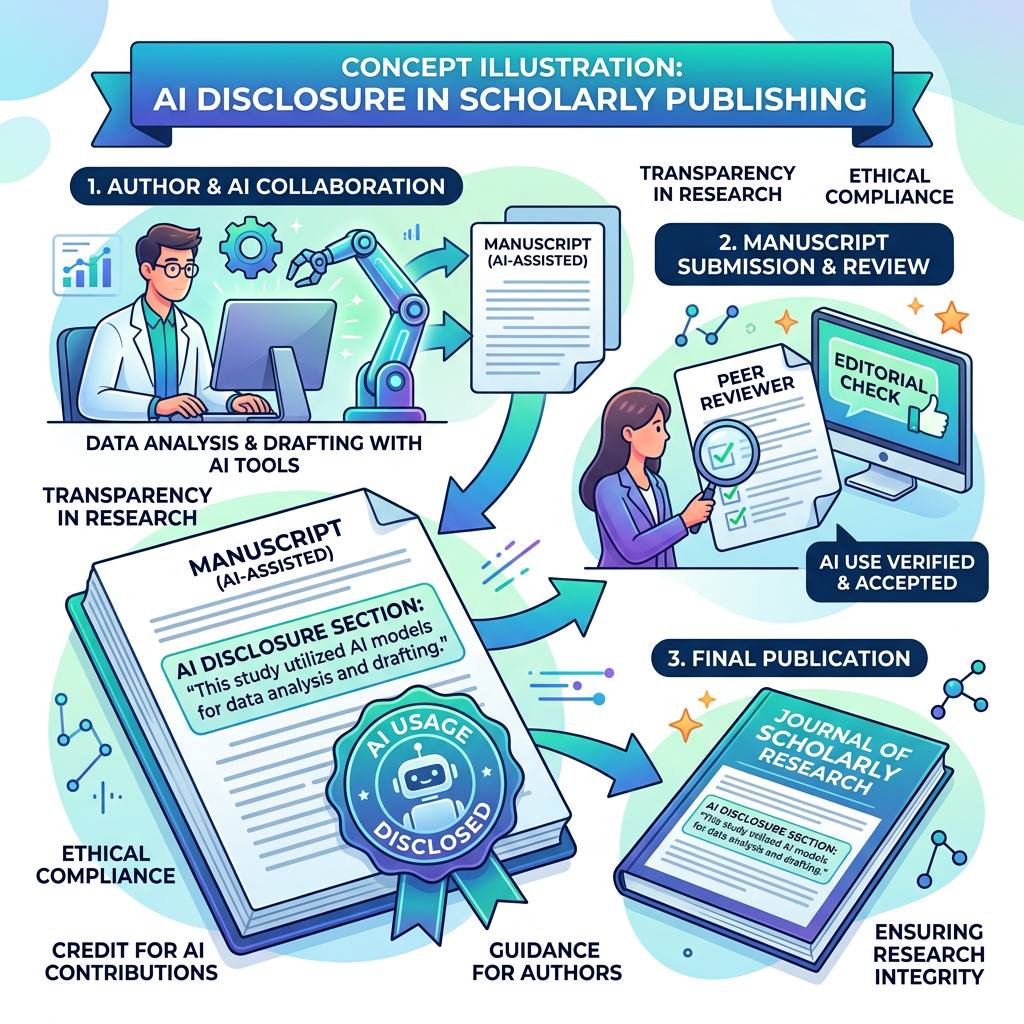 Flowchart of AI disclosure in scholarly publishing including author collaboration, manuscript review, and final publication.