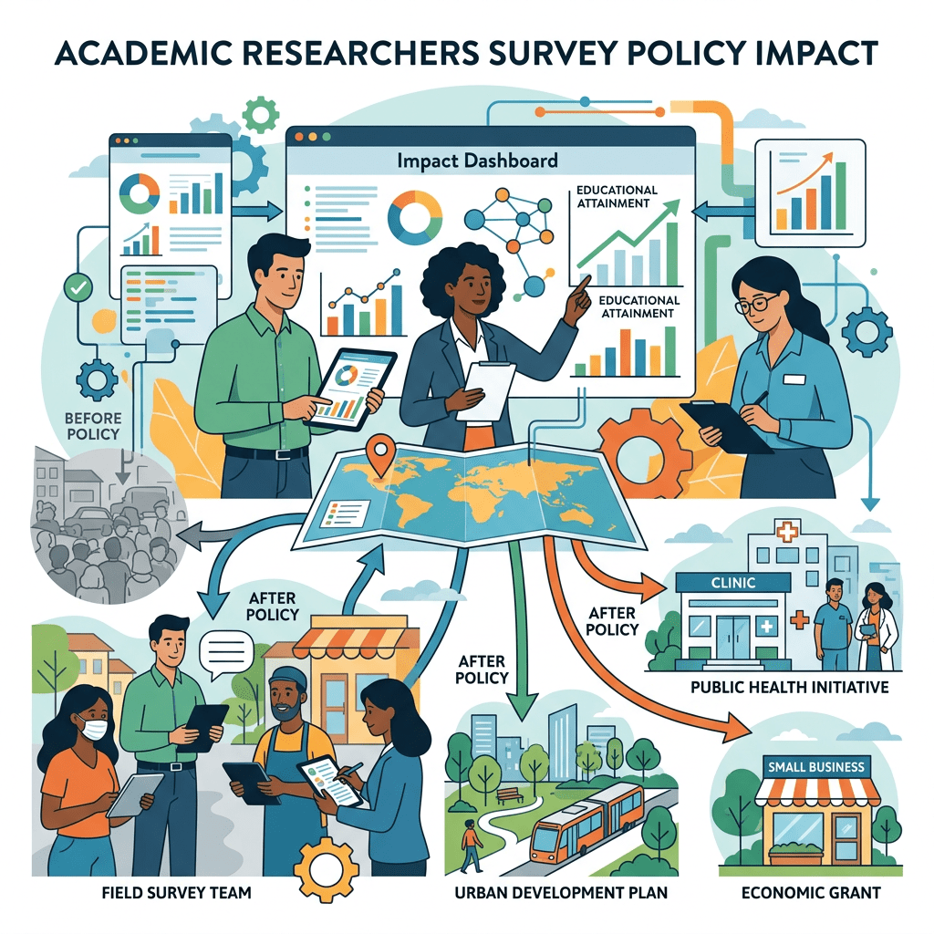 Researchers reviewing data charts and maps showing policy impacts on education, health, and economy