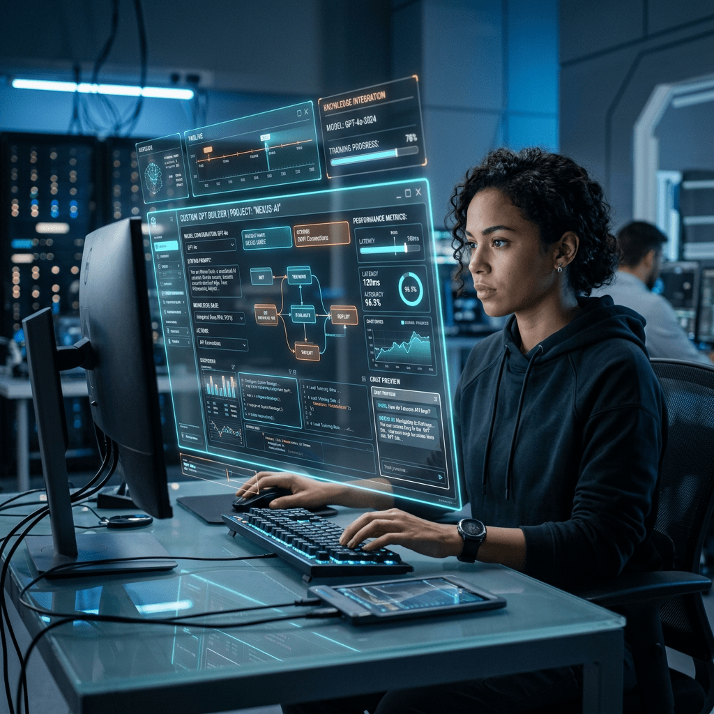 Person interacting with a holographic AI development interface in a tech lab