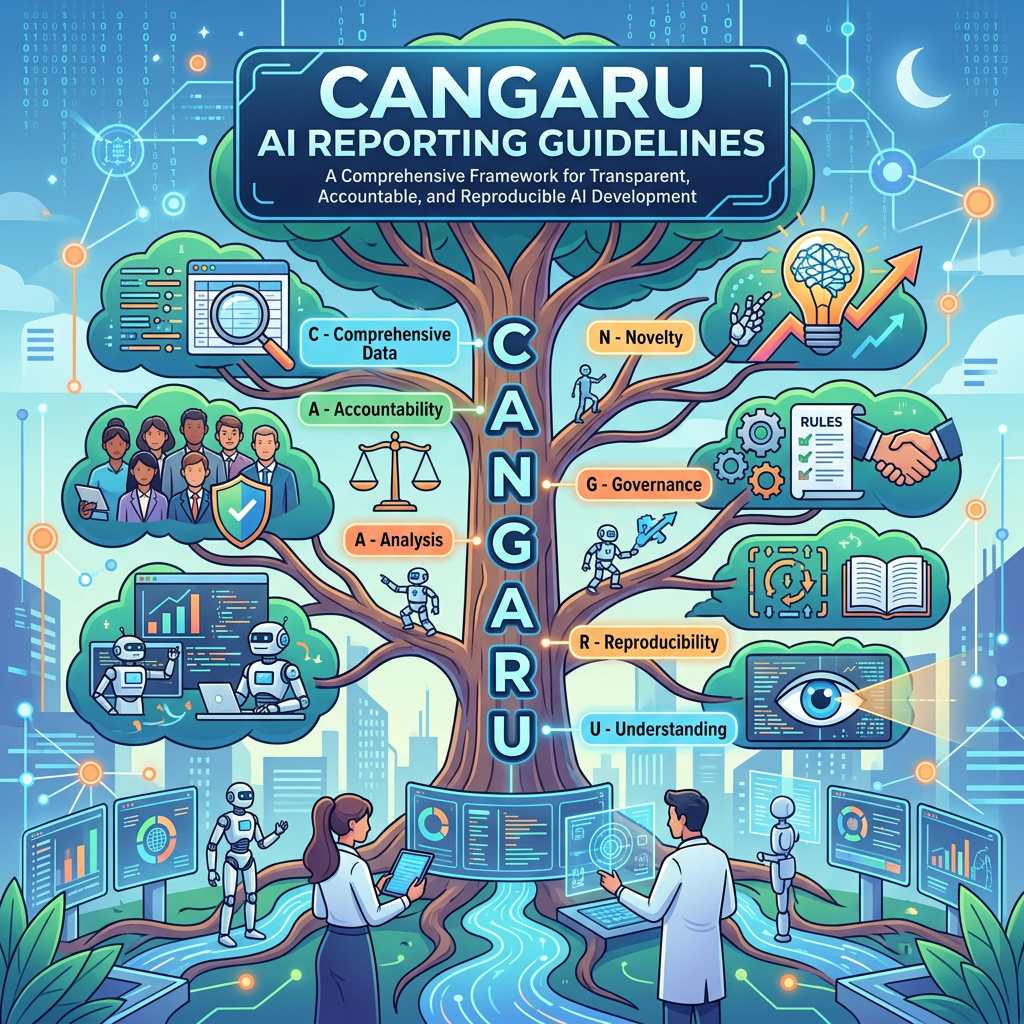 Tree diagram depicting CANGARU AI reporting guidelines: Comprehensive Data, Accountability, Analysis, Novelty, Governance, Reproducibility, Understanding