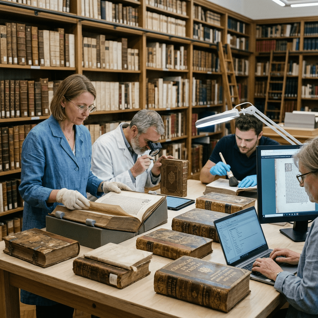 Four archivists studying and preserving old books at a library table