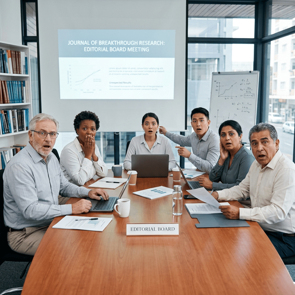 Six editorial board members looking shocked during a meeting