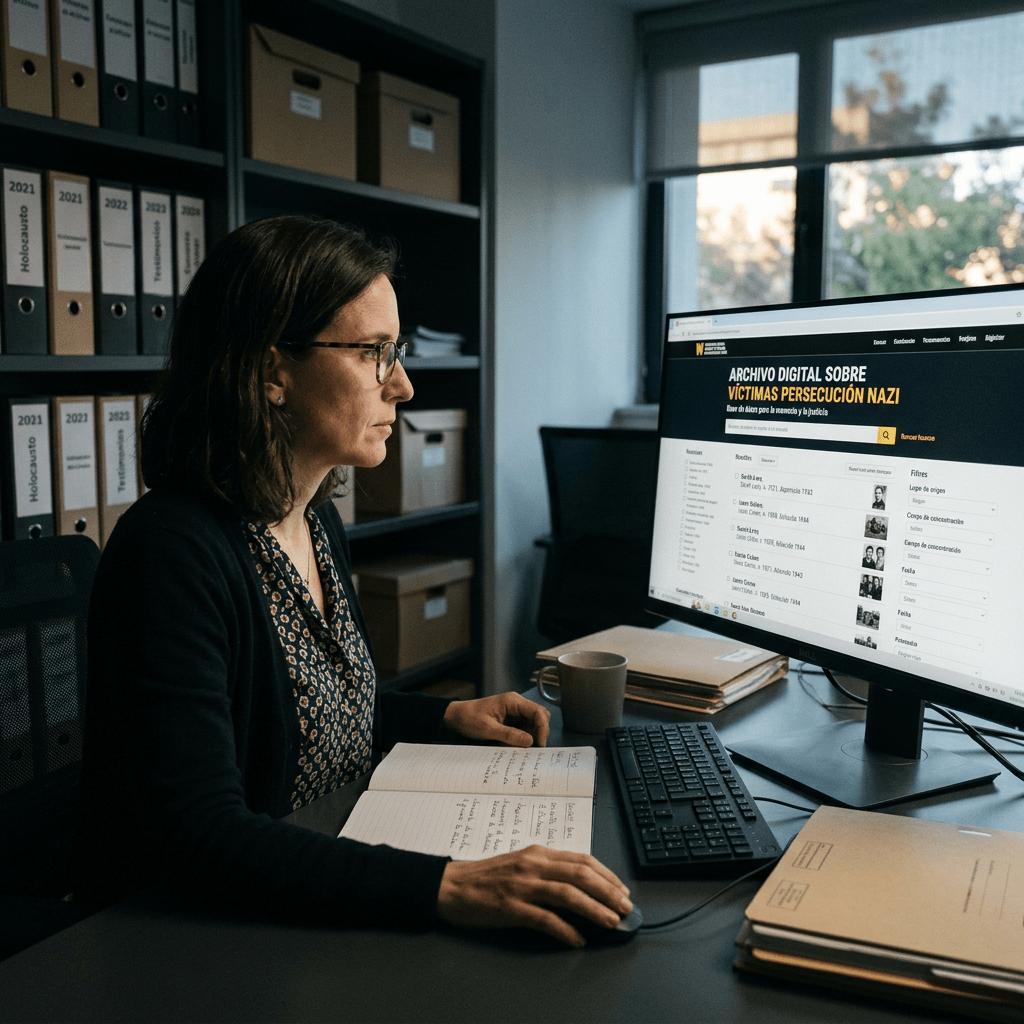 Woman looking at a digital archive about Nazi persecution victims on a computer screen