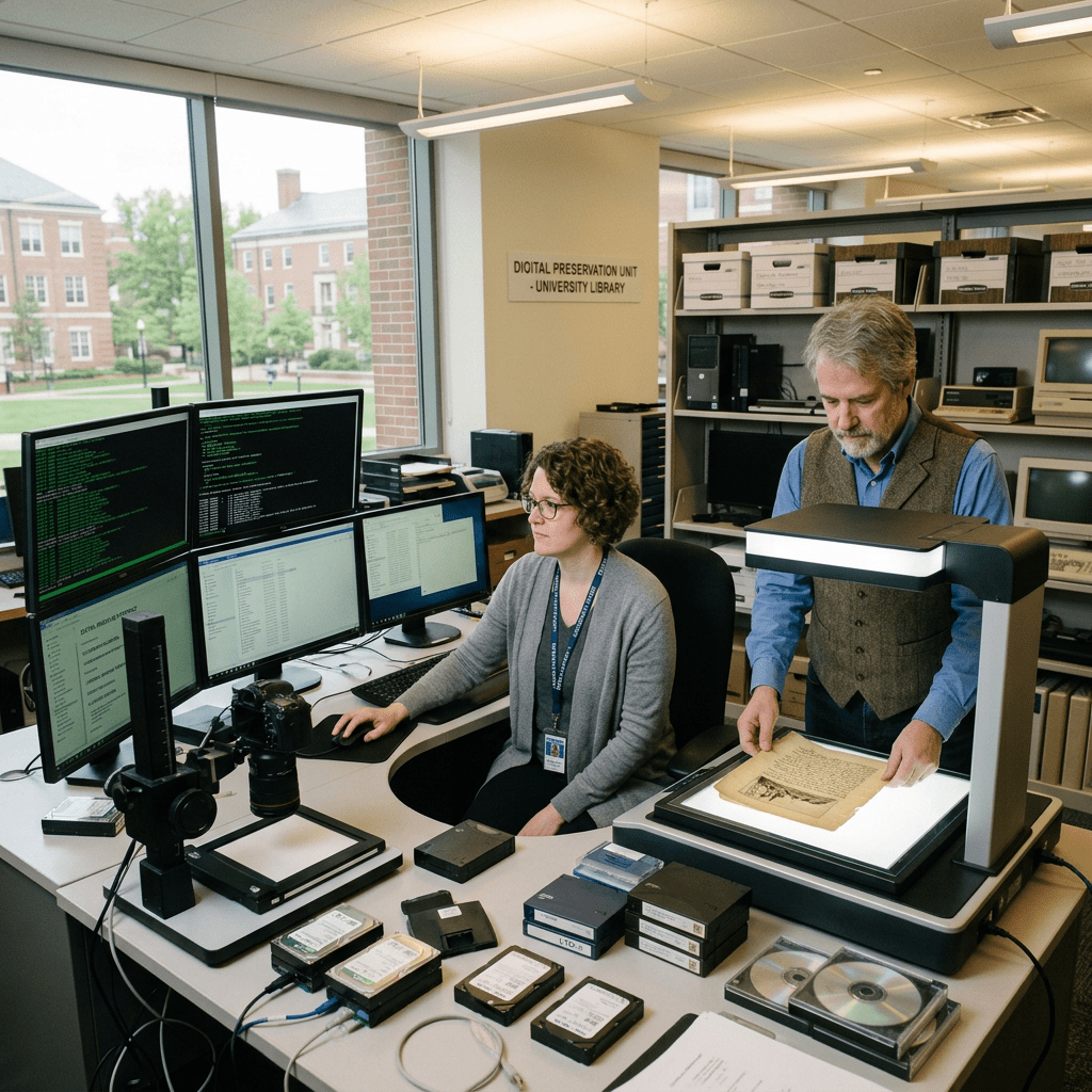 Two people digitizing archival documents with computers and scanners in a library preservation unit