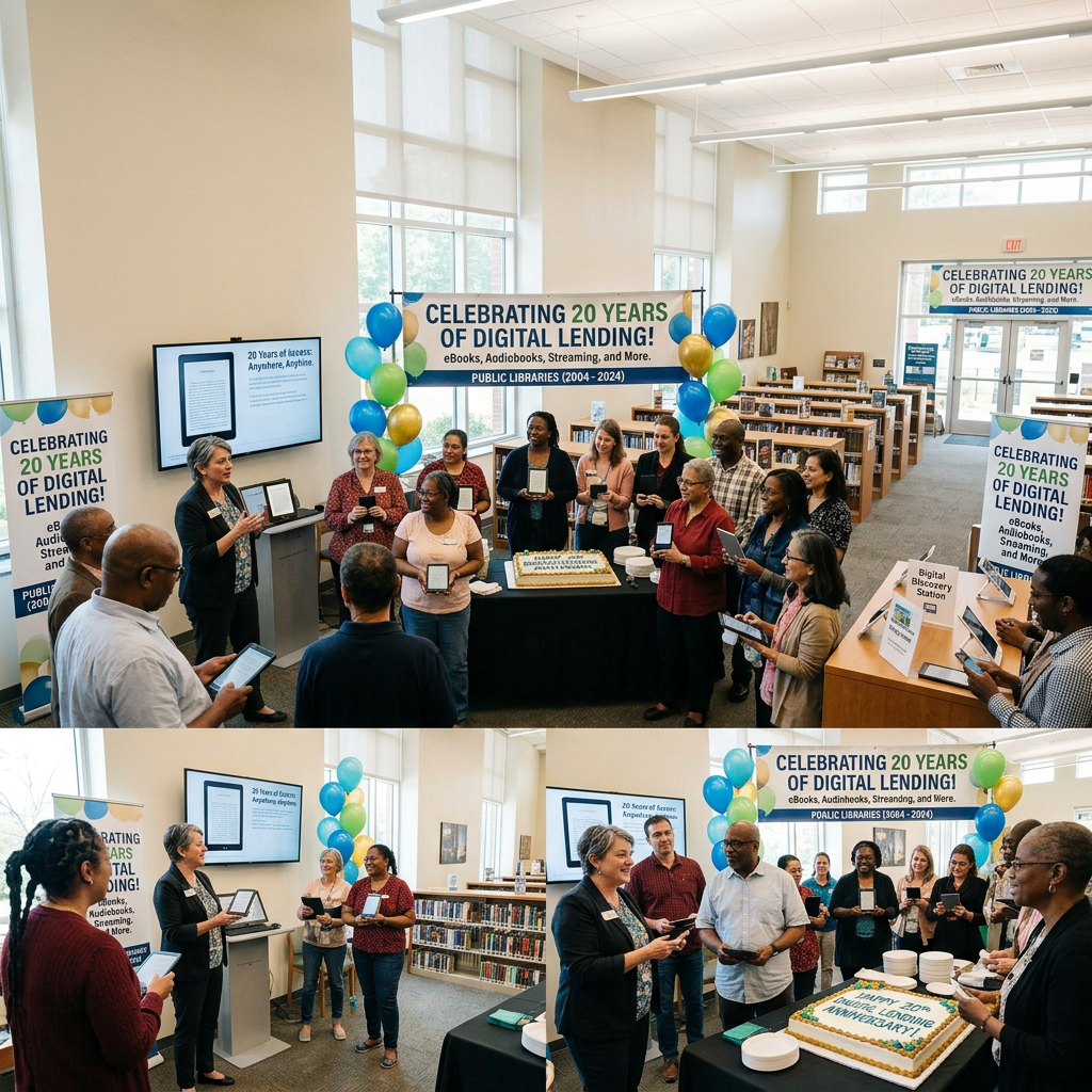 Library staff holding e-readers around a cake celebrating 20 years of digital lending