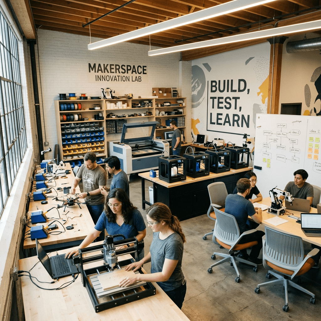 Group of people working with 3D printers, laser cutter, and robotics in a makerspace