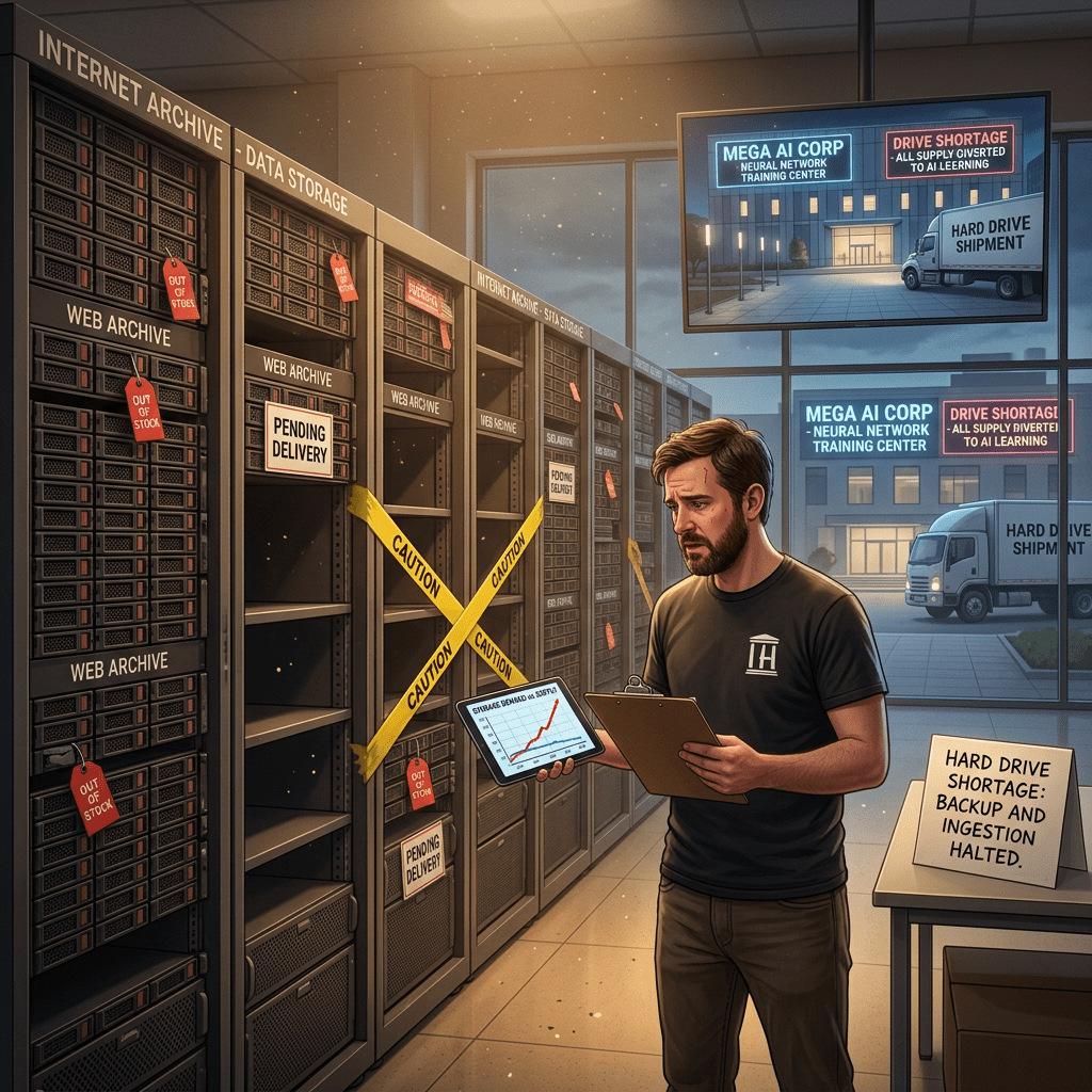 Technician in data storage room with empty racks and out-of-stock signs showing hard drive shortage