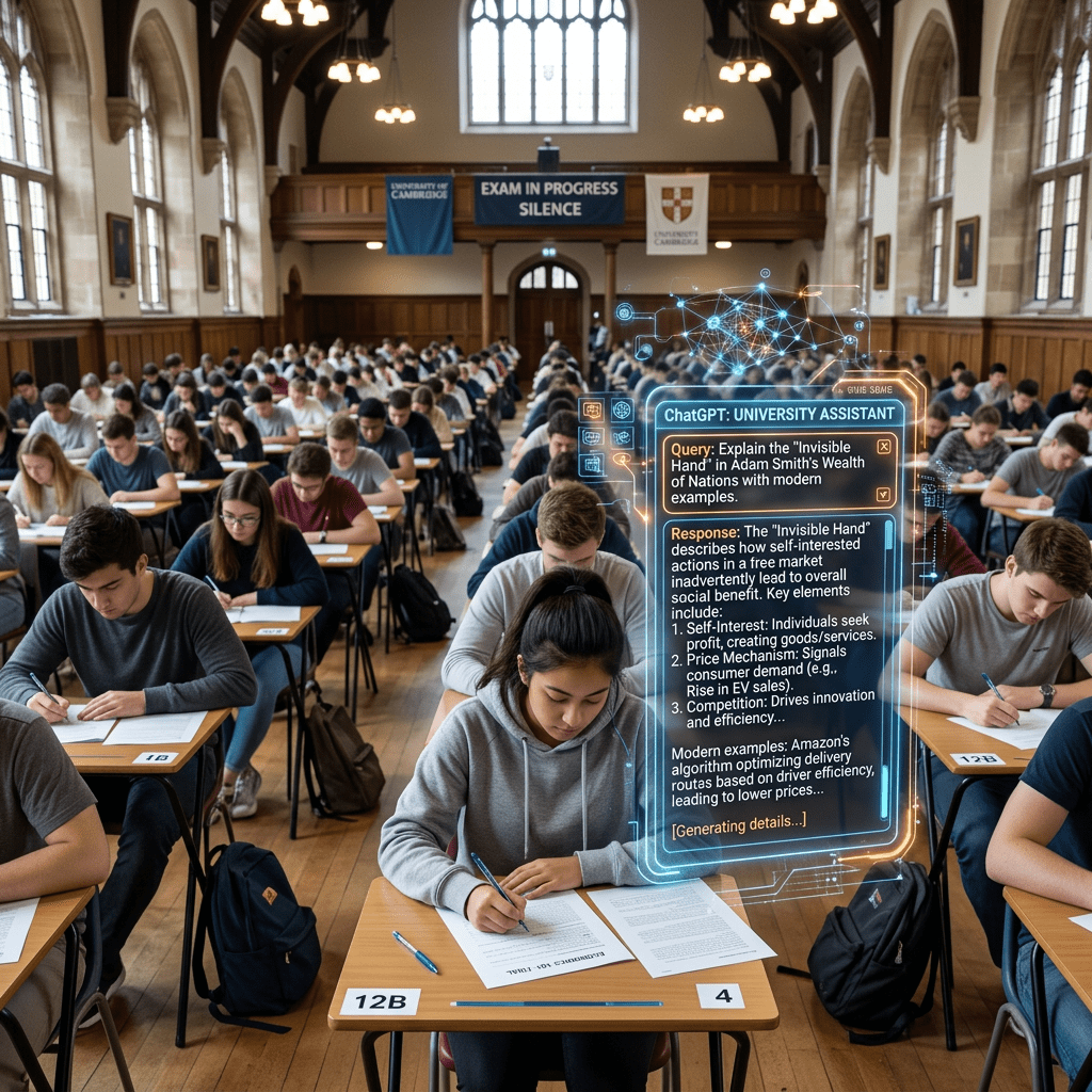 University students sitting at desks taking an exam in a large hall with an AI assistant hologram showing economic query and response