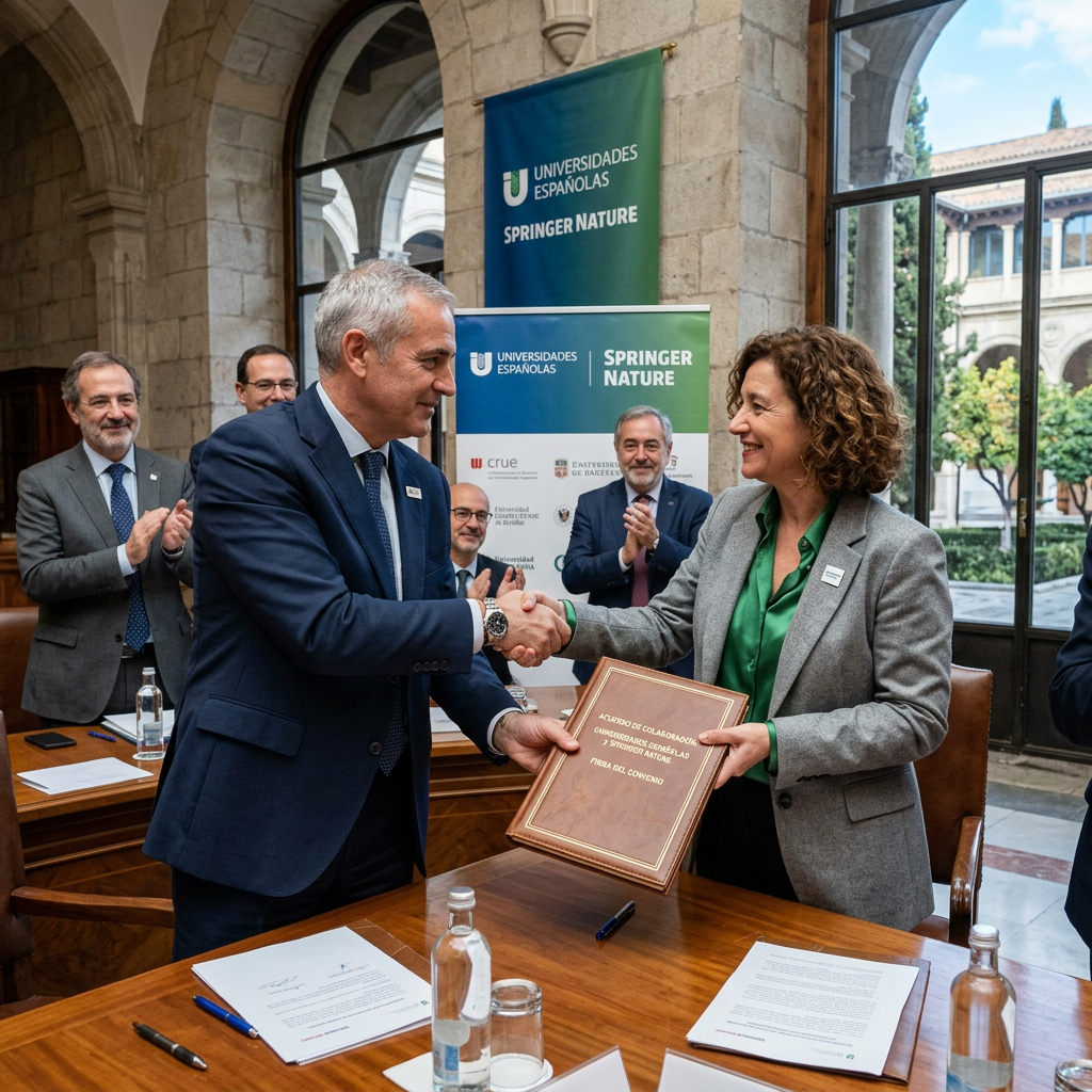 Two people shaking hands during a formal signing ceremony with others applauding