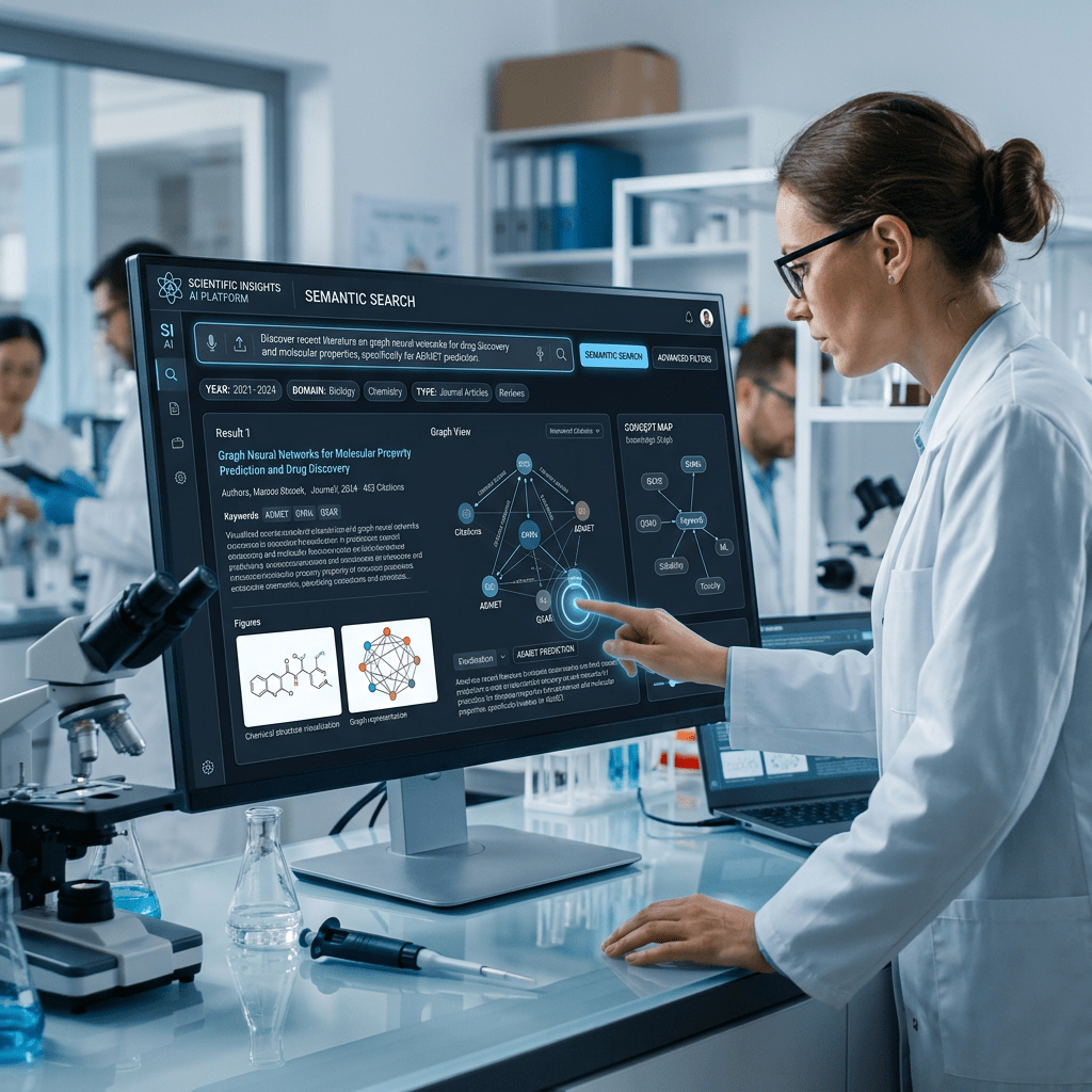 Scientist interacting with AI-driven semantic search platform on computer in a laboratory