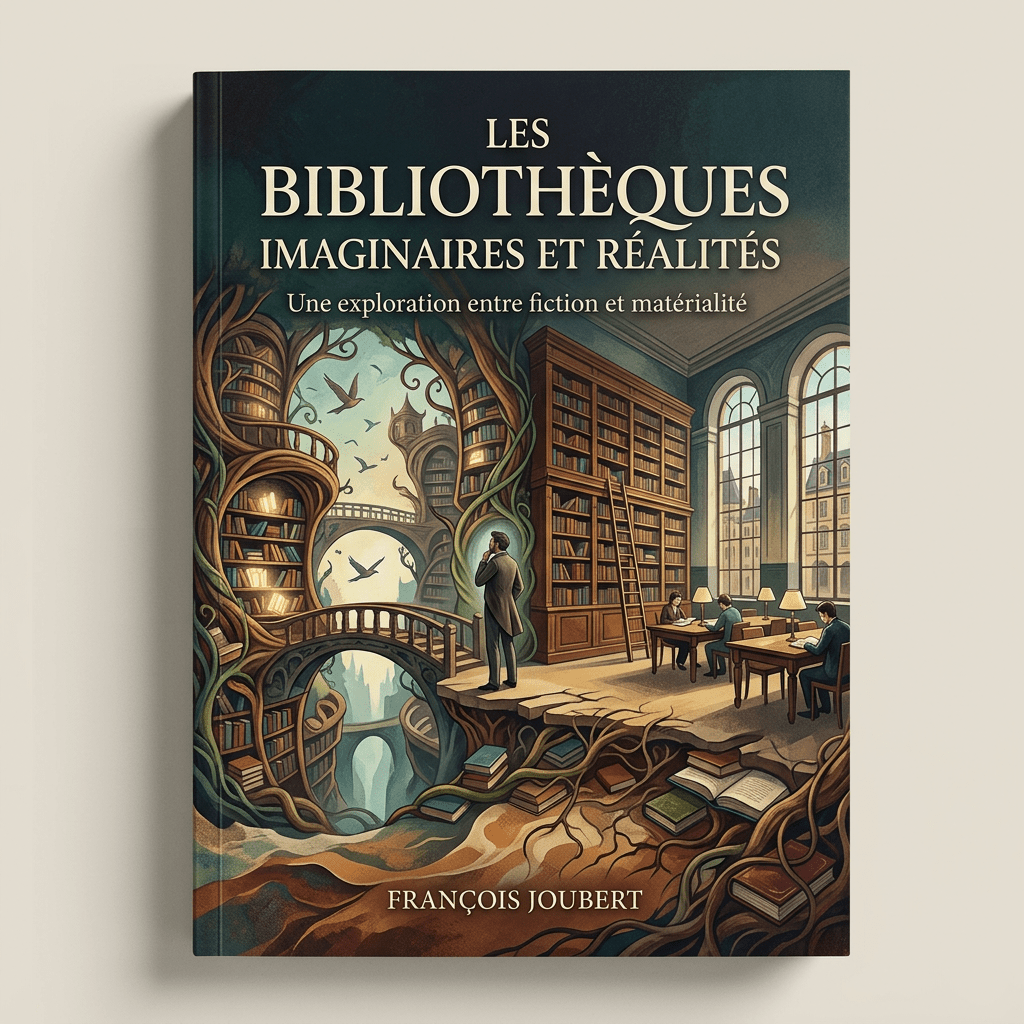 Book cover showing a man observing a surreal library with tree-like bookshelves and a traditional reading room with people studying