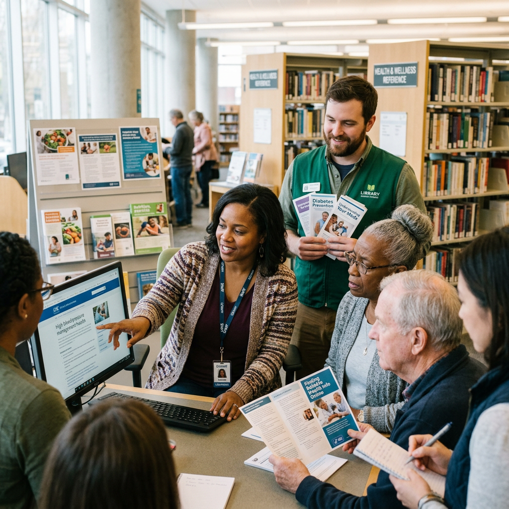 Group in library discussing health topics with pamphlets and computer