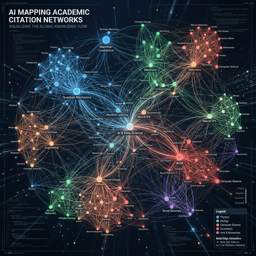 Network visualization of academic citations linking fields like physics, biology, computer science, economics, and humanities