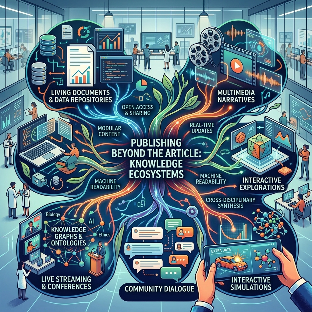 Diagram showing knowledge ecosystems including living documents, multimedia narratives, augmented reality overlays, interactive explorations, and community dialogue.