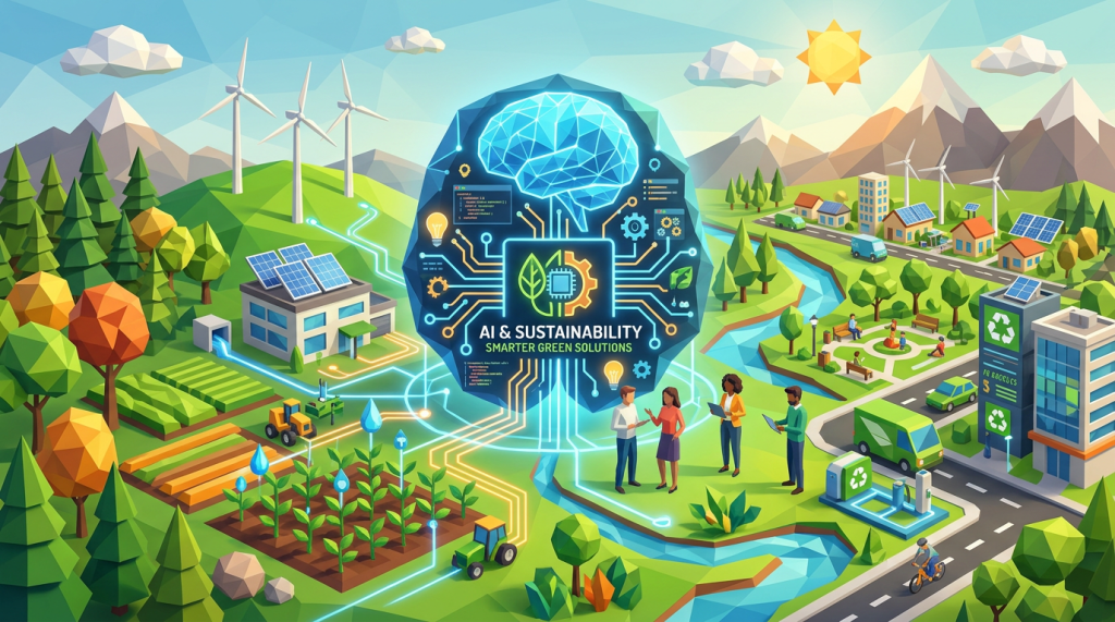 Illustration of a sustainable community using AI, solar panels, wind turbines, and electric vehicles