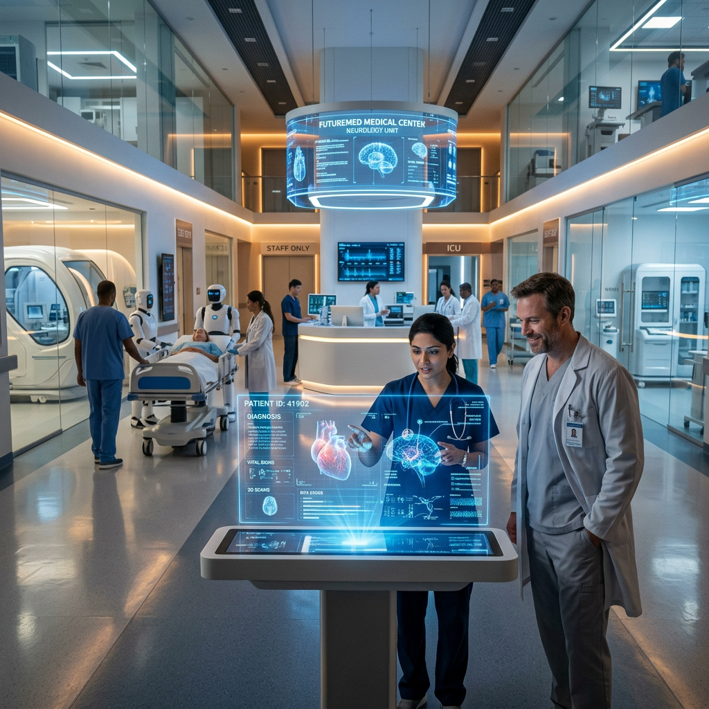 Doctors and healthcare workers interacting with holographic medical data in a high-tech hospital