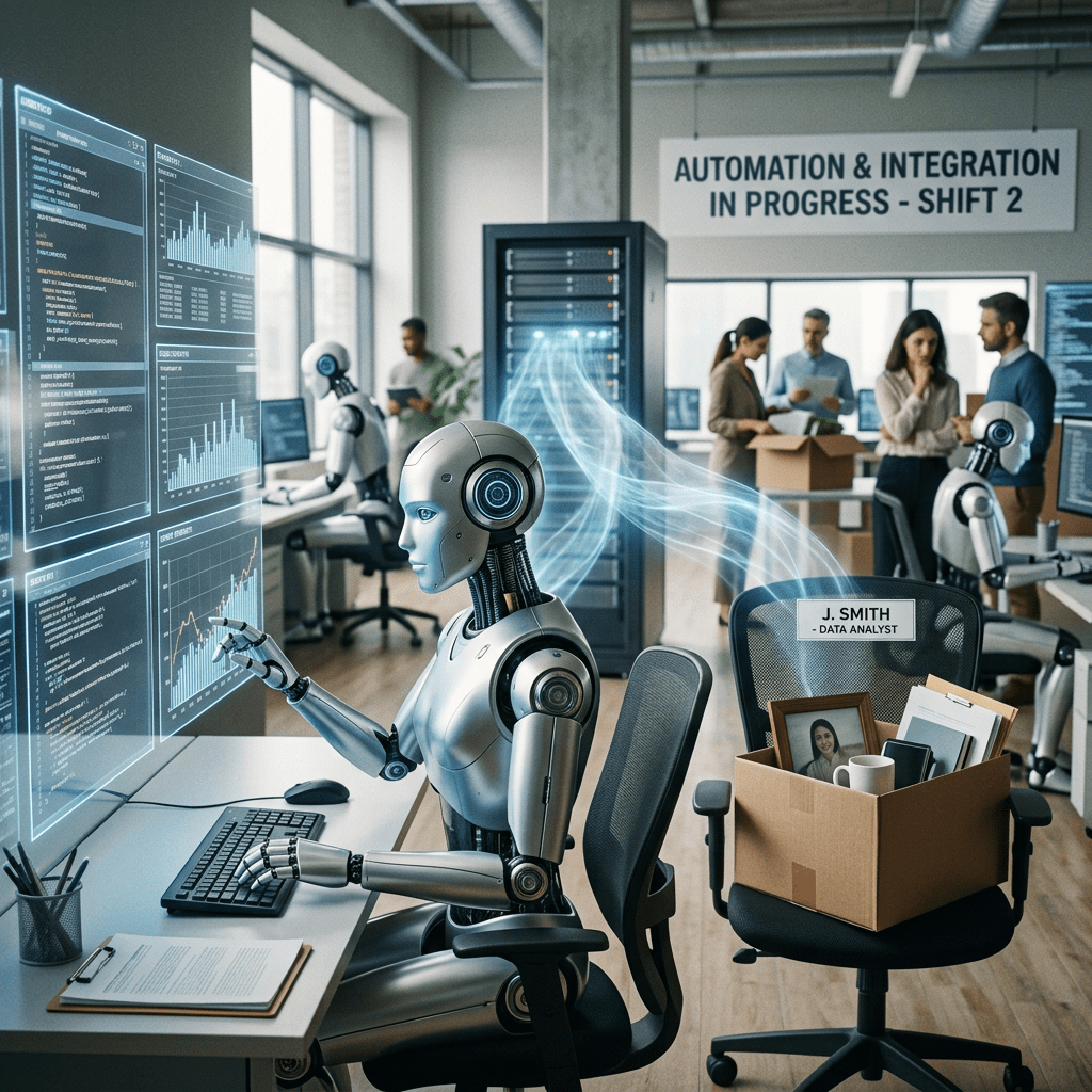 Robot analyzing data on large transparent screens with an empty chair labeled J. Smith Data Analyst and cardboard box of belongings