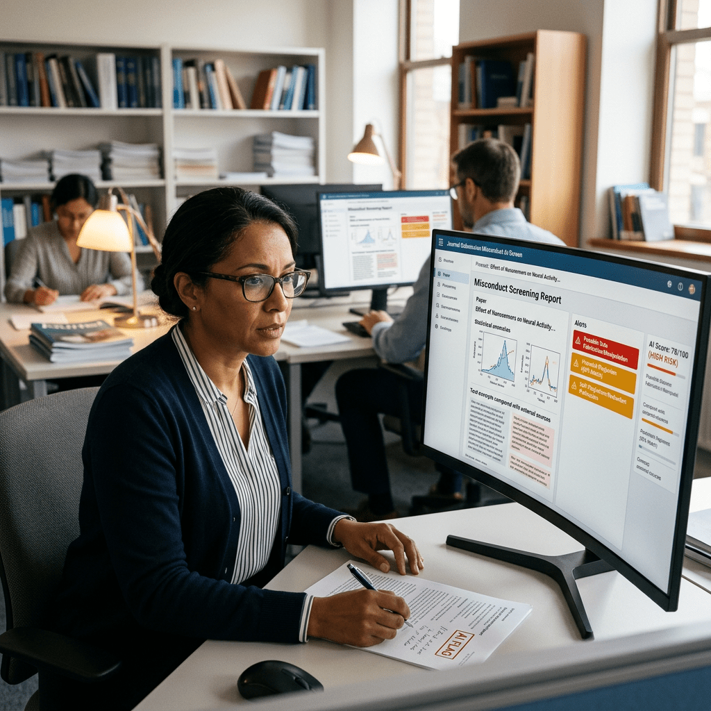 Woman analyzing misconduct screening report on computer, writing notes on paper marked 'ALTO'