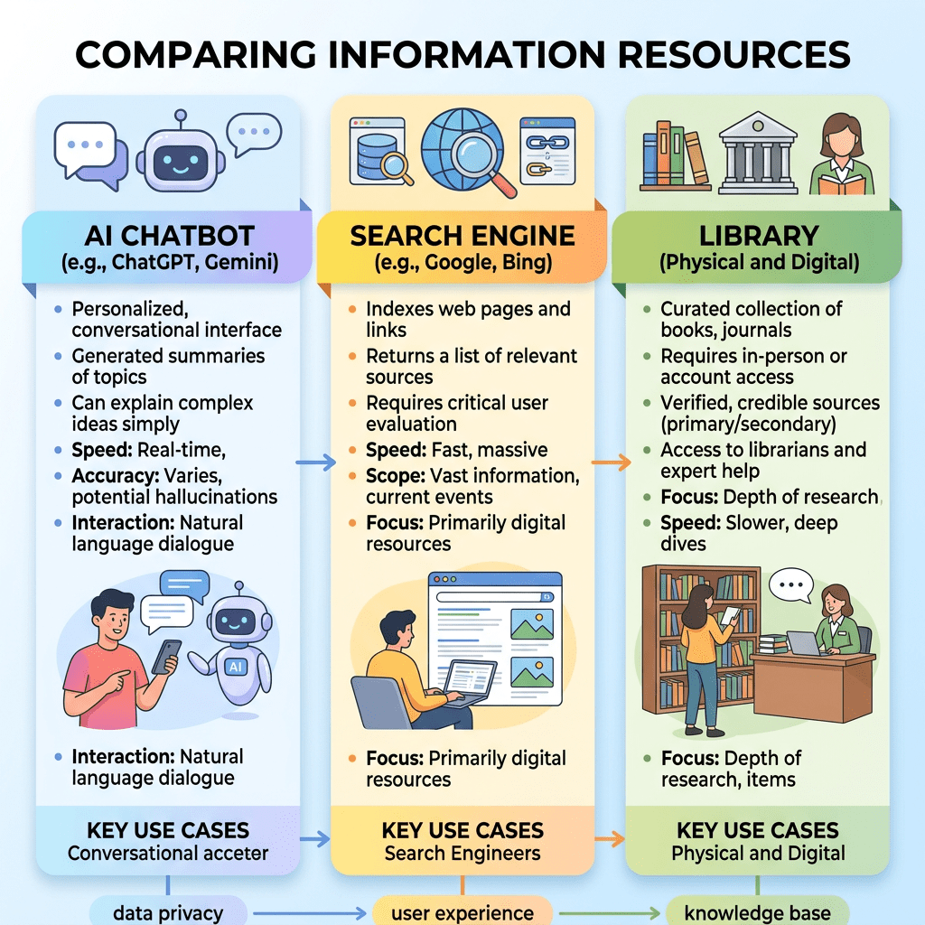 Comparison chart of AI chatbot, search engine, and library information resources