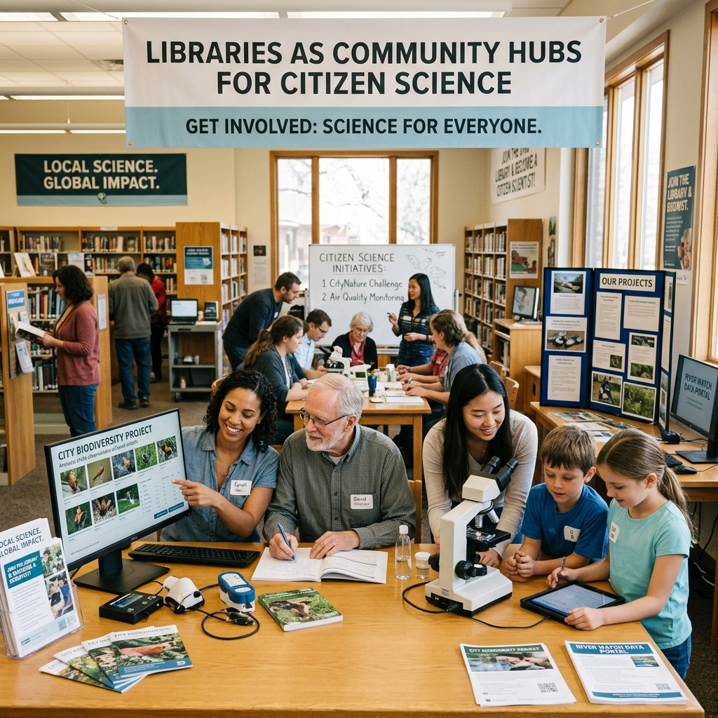 Group participating in citizen science activities with microscopes and informational displays in a library