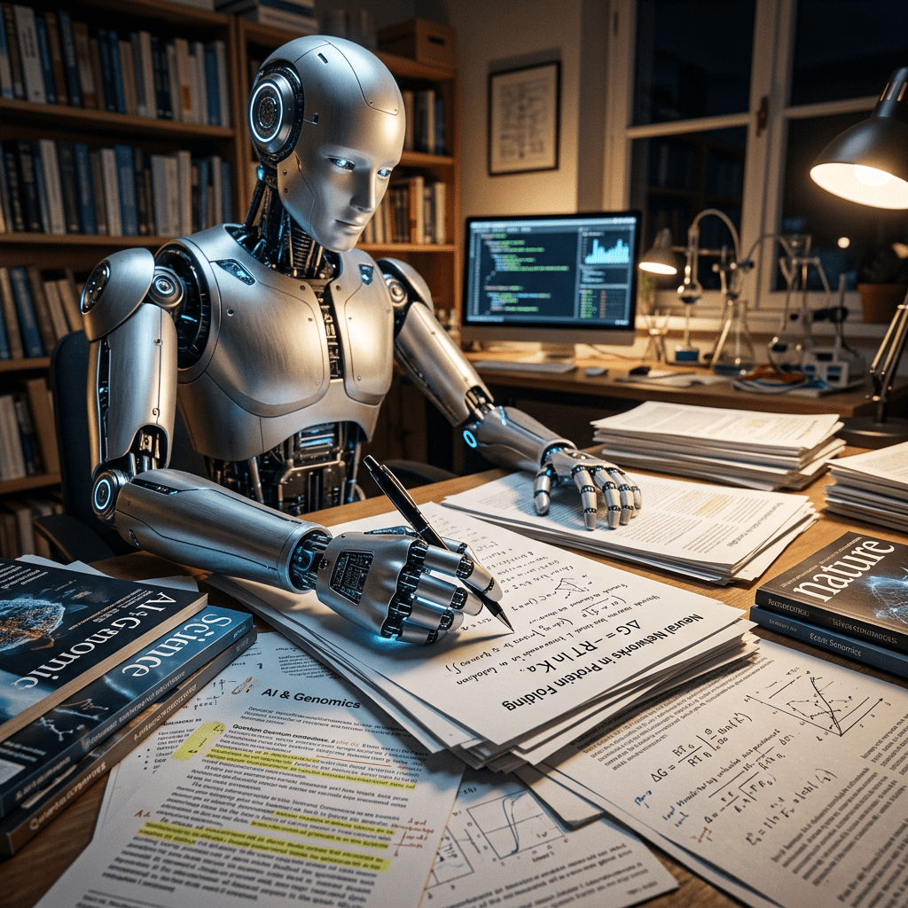 Humanoid robot writing notes on scientific papers about AI and genomics at a desk