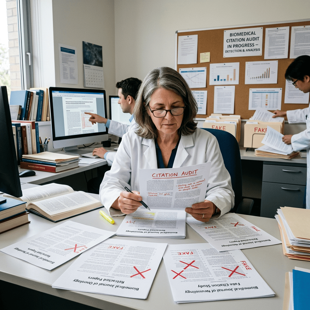 Researchers conducting a biomedical citation audit with papers marked as fake