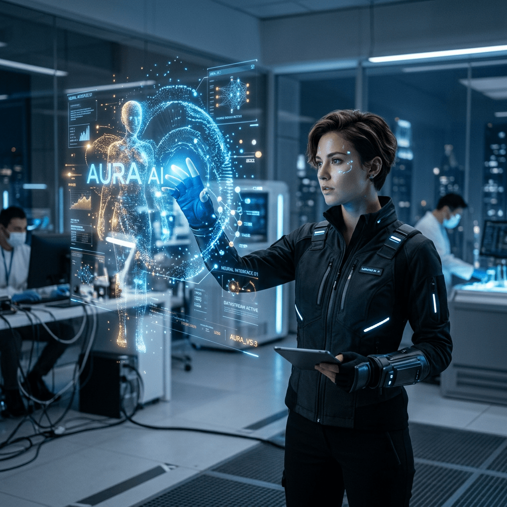 Woman interacting with holographic AI interface labeled AURA AI in a modern lab environment