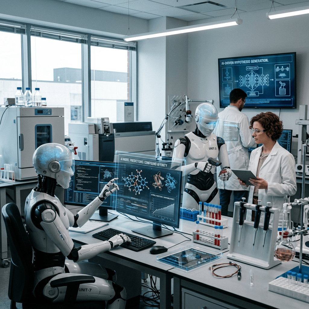 Robots and scientists collaborating on AI-powered molecular analysis in a modern laboratory