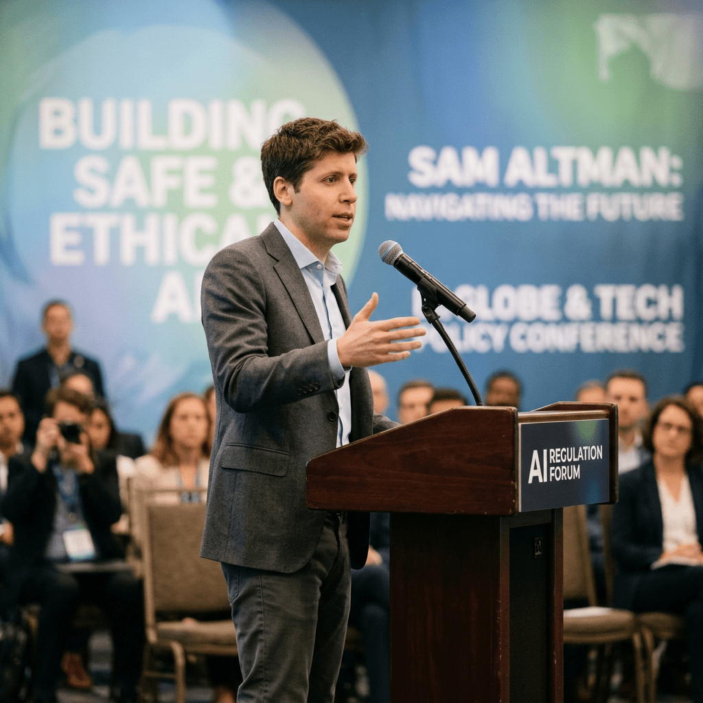 Man in gray suit speaking at podium labeled AI Regulation Forum with audience and safe ethical AI banner