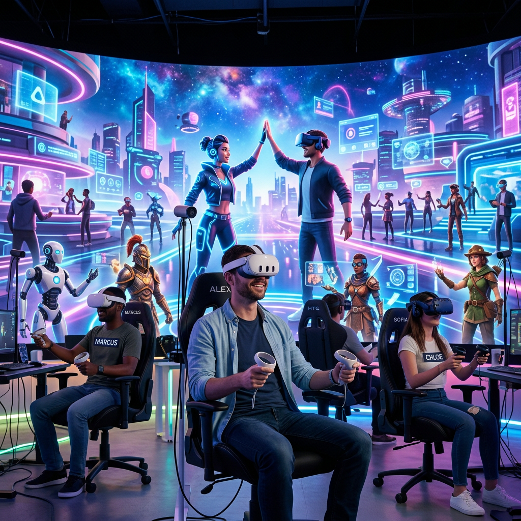 People wearing VR headsets and controllers immersed in a futuristic virtual reality game environment