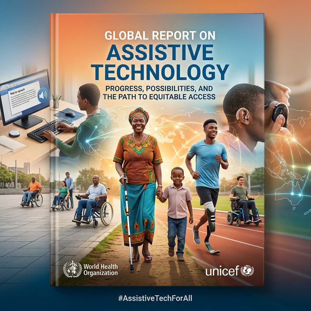 Cover of global report on assistive technology showing diverse people with assistive devices and digital tools