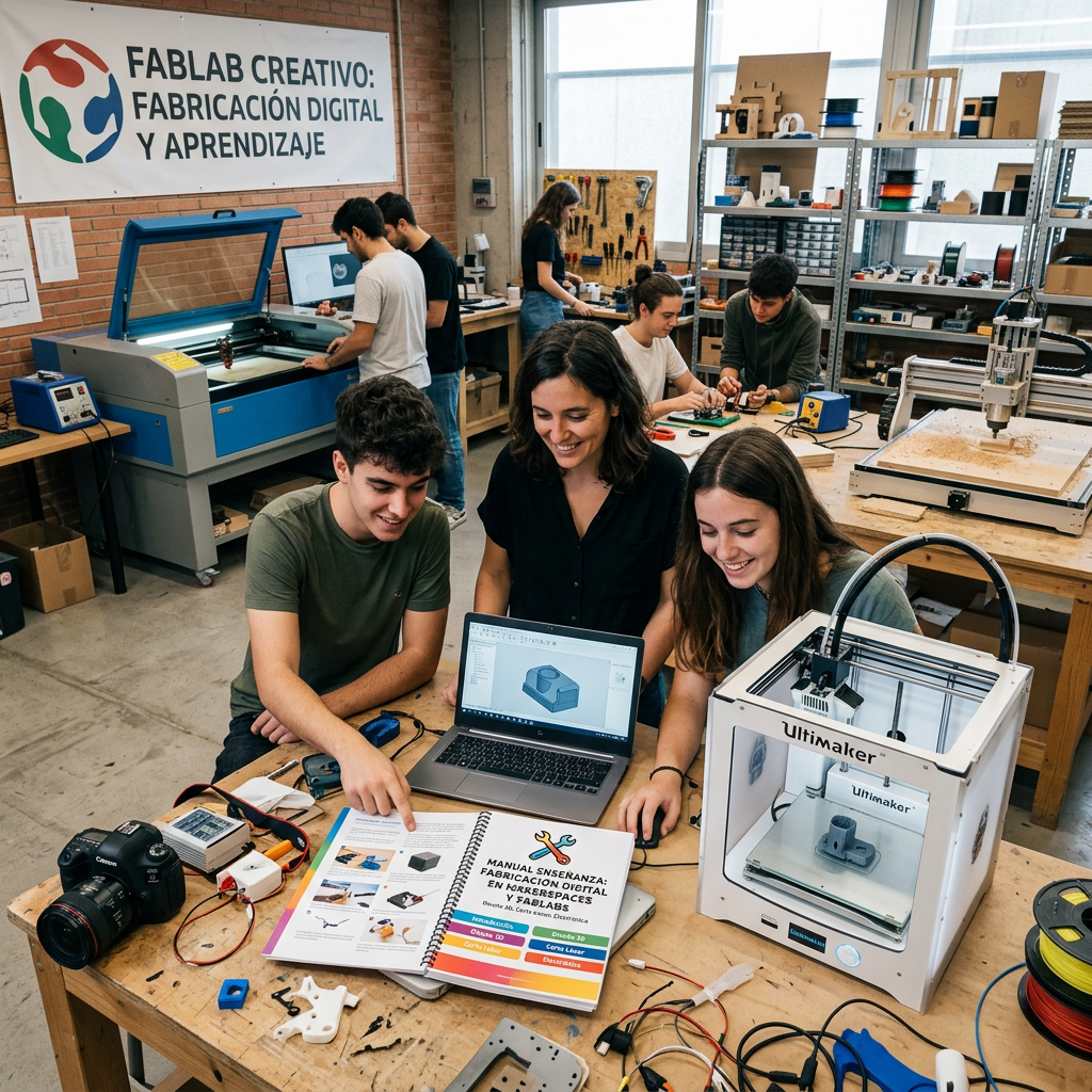 Group of students working with 3D printer, laser cutter, and electronics in a fabrication lab