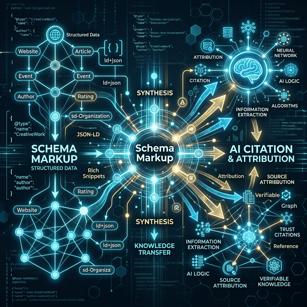 Diagram showing schema markup flow leading to AI citation and attribution with terms like JSON-LD, knowledge transfer, and algorithms.
