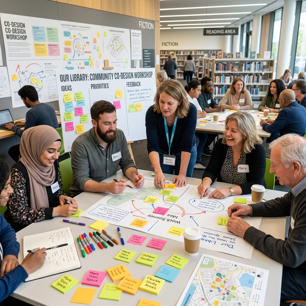 Group of people working on community co-design ideas with sticky notes in a library workshop