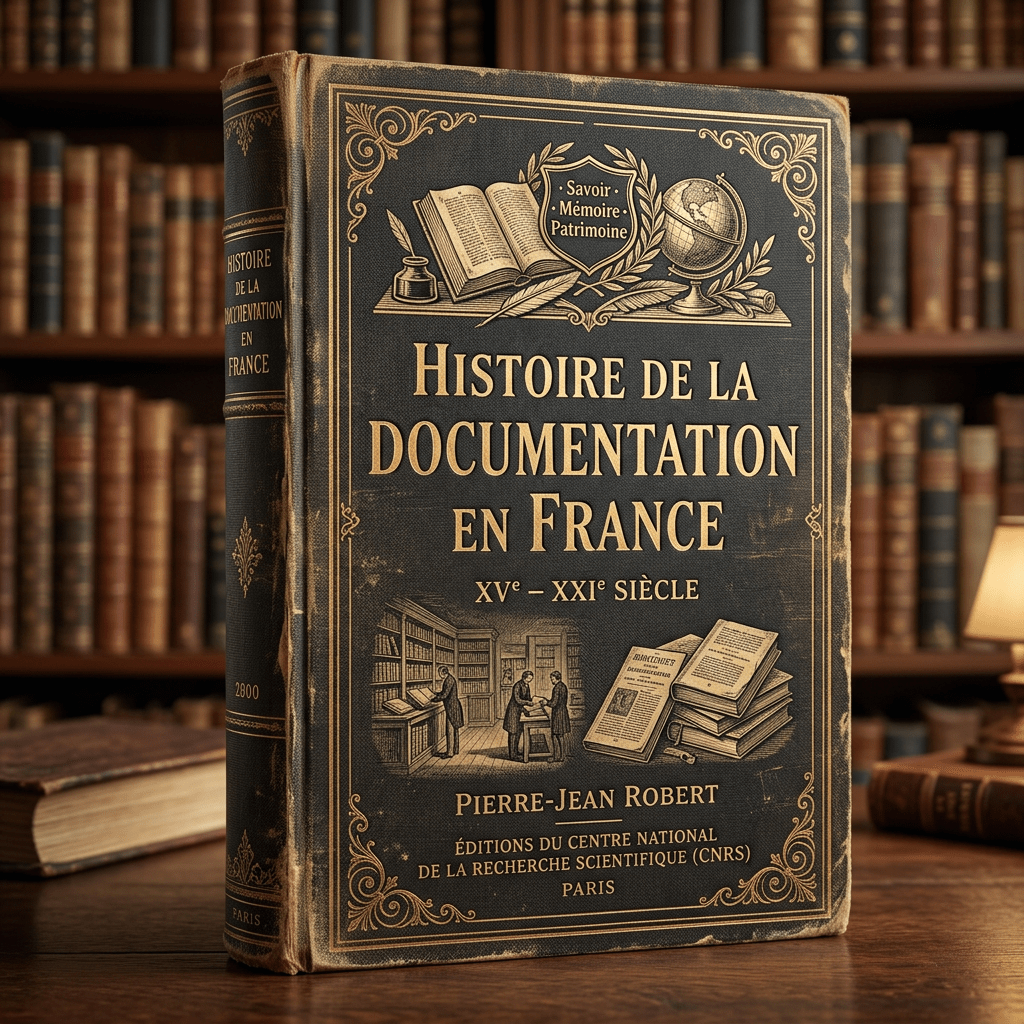 Old French book titled 'Histoire de la Documentation en France' with ornate cover and library background