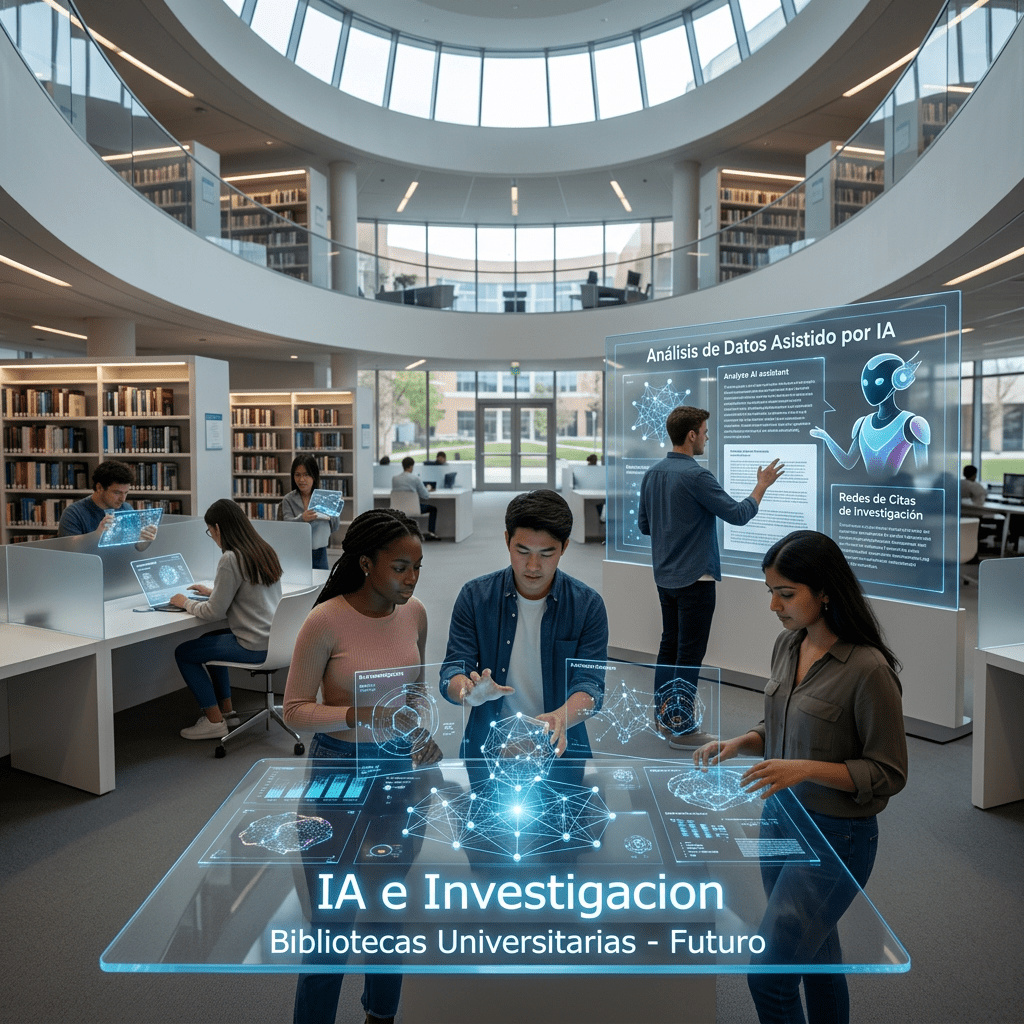 Students using holographic AI interfaces for data analysis in a futuristic university library.