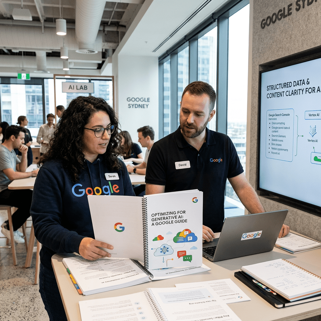 Two people at a table reviewing a guide titled Optimizing for Generative AI, with a screen showing structured data concepts