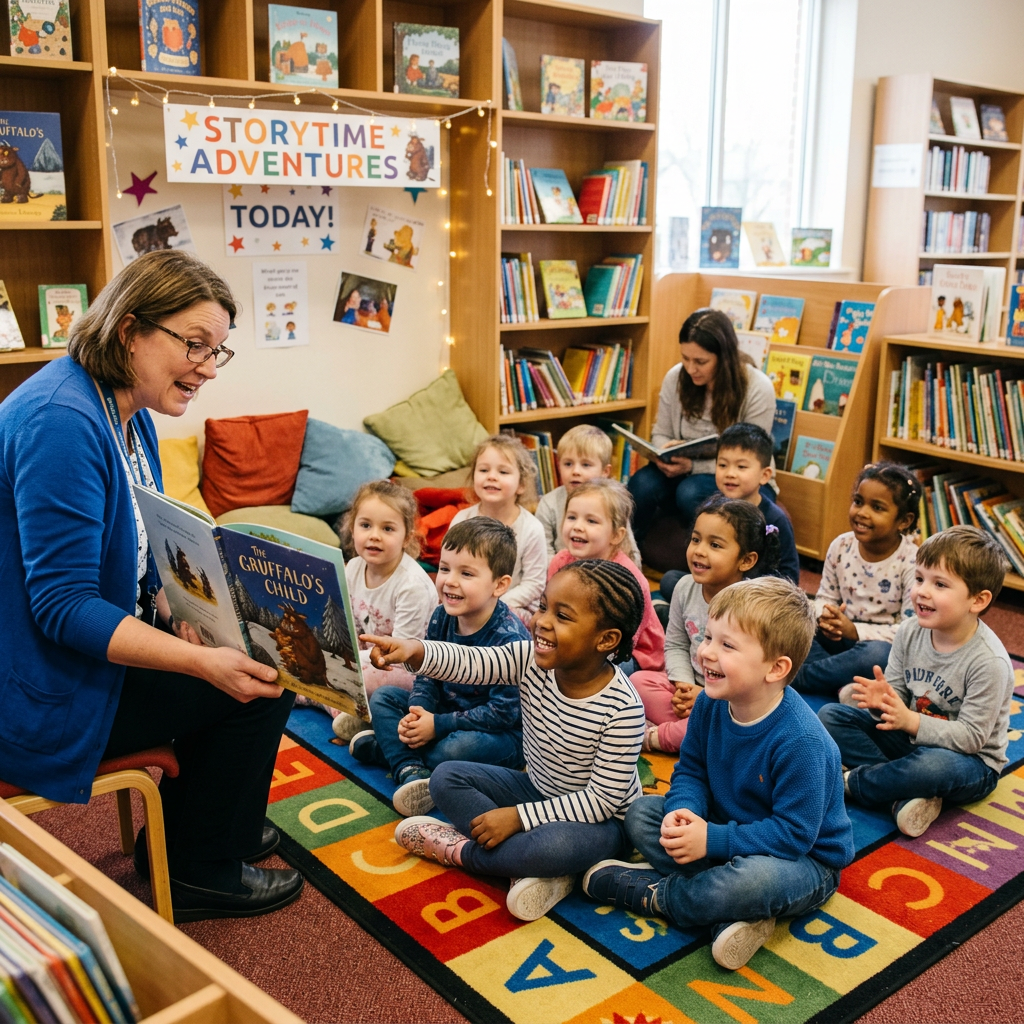 Teacher reading 'The Gruffalo's Child' to children during storytime in a colorful library corner