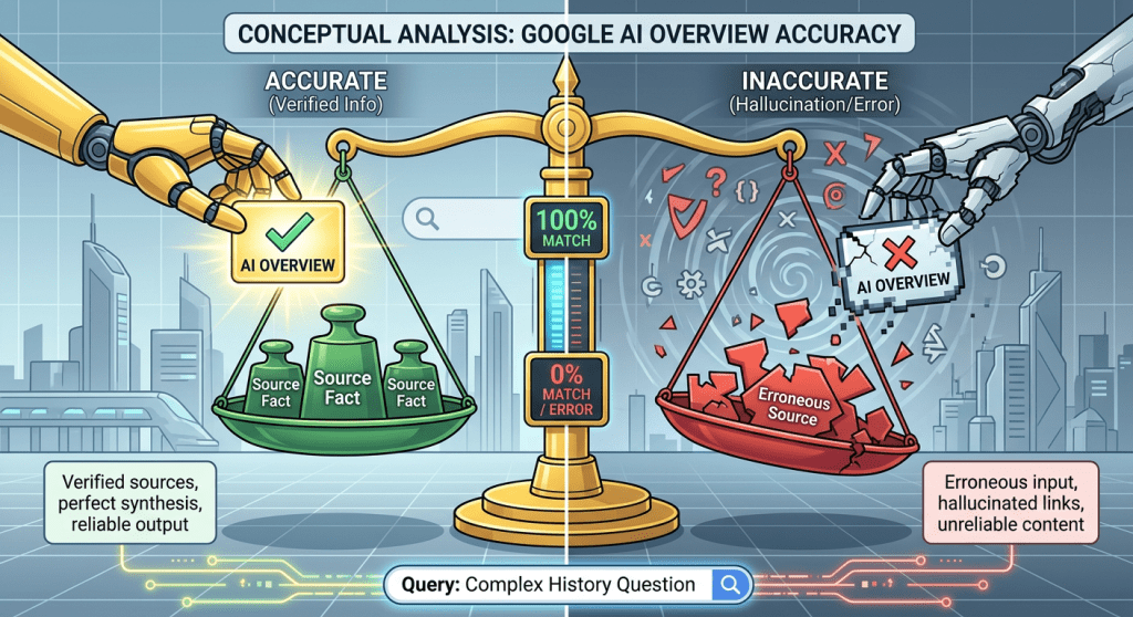 Scale comparing accurate AI overview with verified sources and inaccurate AI overview with erroneous sources
