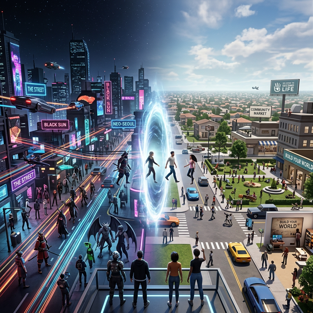 Portal connecting futuristic cityscape with neon lights and suburban neighborhood with people walking between