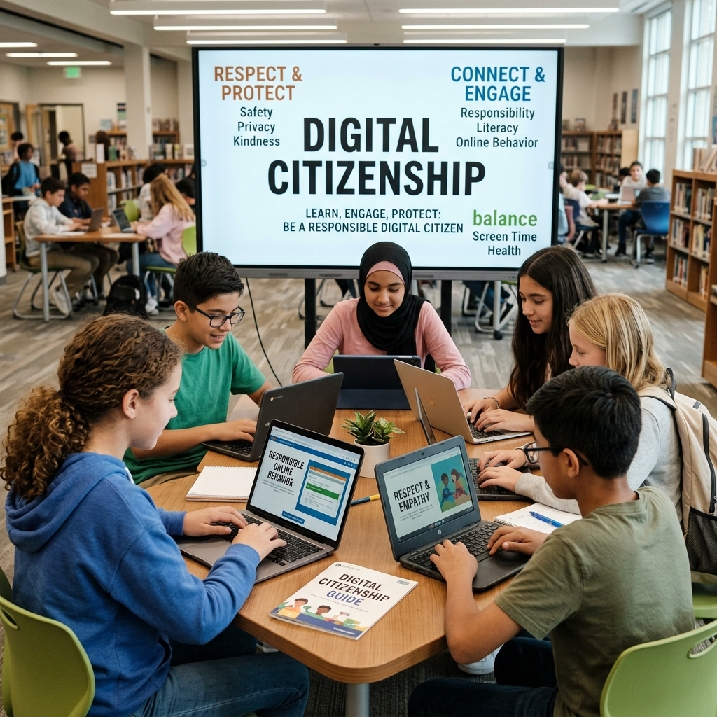 Group of diverse students working on laptops around a table with digital citizenship guide
